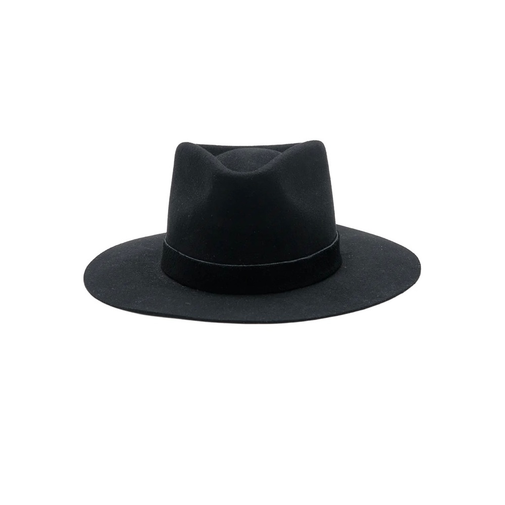 - Handcrafted Fedora Hat in Black  
- Black suede trim